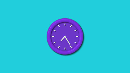 Purple color 12 hours 3d wall clock isolated on cyan background,wall clock