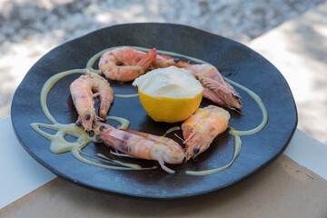 Prawns with Greek sauce close up