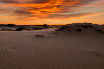 Obraz na płótnie Canvas Sunset over the sand dunes in the desert. Arid landscape of the Sahara desert