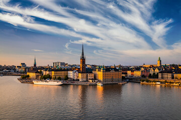 Scenic panoramic view of Gamla Stan, in the Old Town in Stockholm at sunset, capital of Sweden