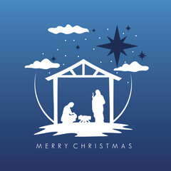 happy merry christmas manger scene with holy family in stable figures silhouette