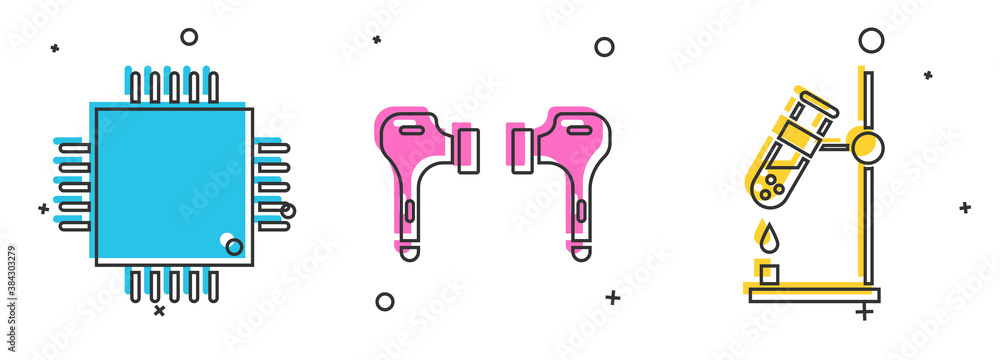 Poster set processor with microcircuits cpu, air headphones and test tube flask on fire icon. vector.