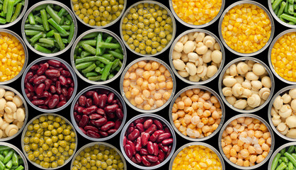 Isolated on black canned food seamless background made of opened cans with chickpeas, mushrooms, peas, green beans and kidney beans. Clipping path added.