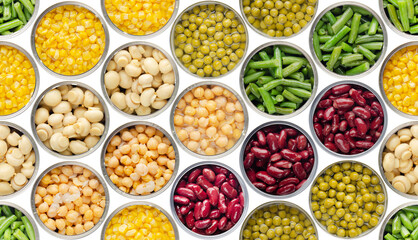Canned food seamless background made of opened cans with chickpeas, mushrooms, peas, green beans and kidney beans. Clipping path added.