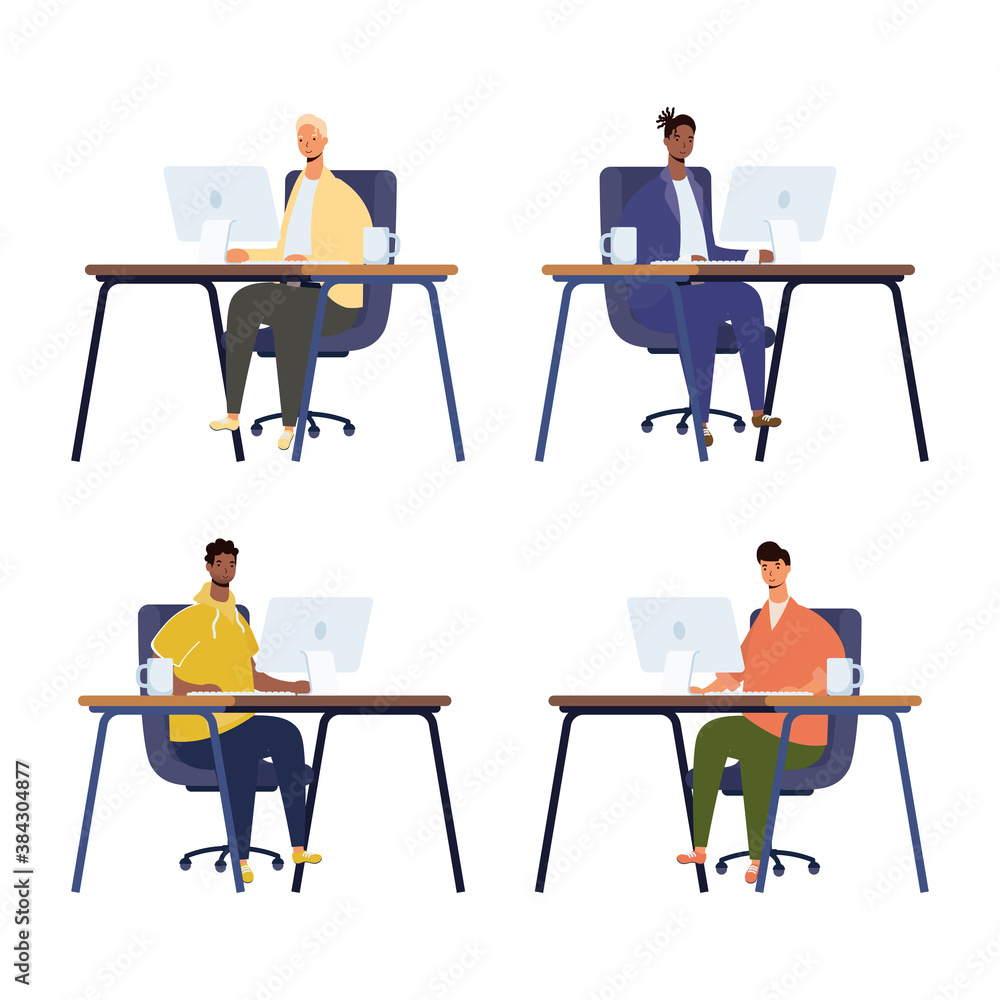 Poster group of men working in computers desktops in the workplace