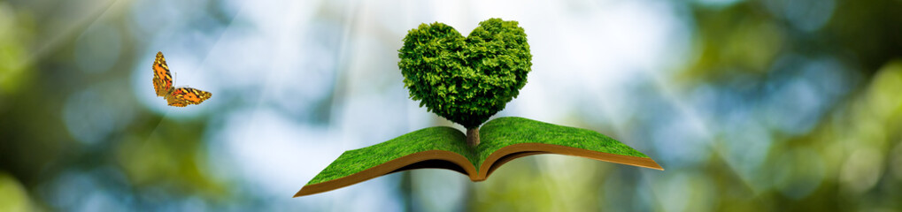  flying open book and a butterfly. Tree in the form of a stylized heart on a book on a blurred...