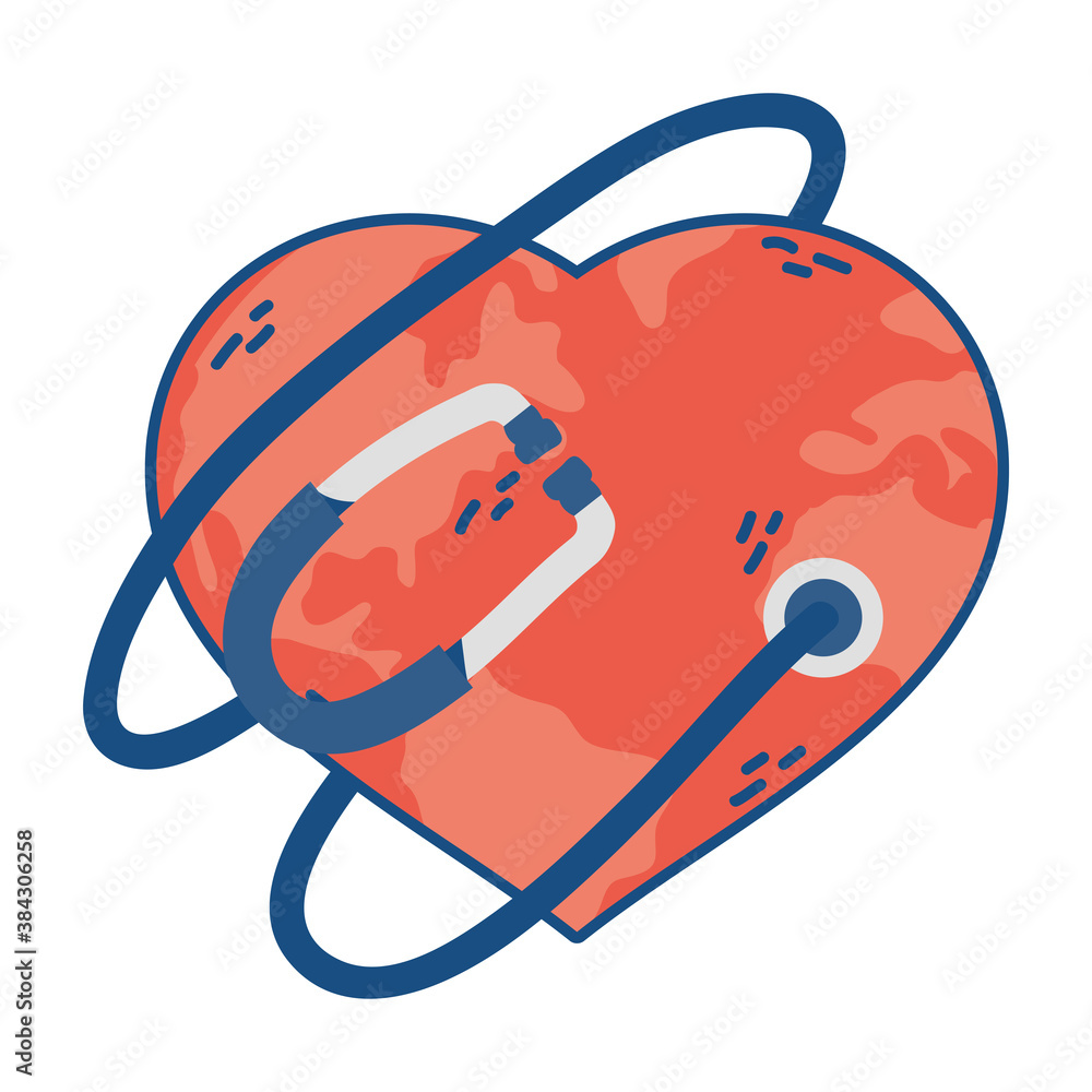 Poster world planet earth with hearted shape and stethoscope