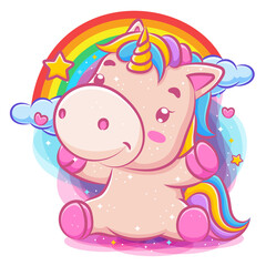 Lovely cute unicorn sits with rainbow background