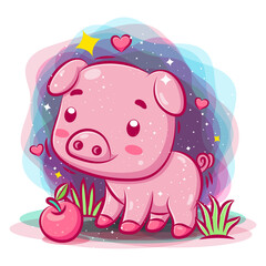 Baby pig play around the garden with apple