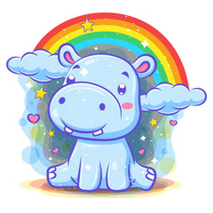 Cute hippo character with rainbow background