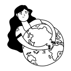 young woman huging world planet earth