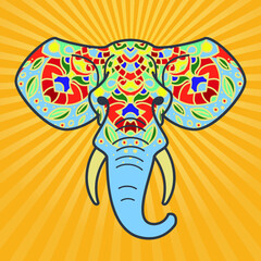 Elephant head with a floral ornament. Colorful vector illustration in flat line style.