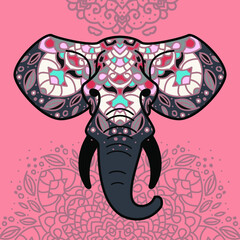 Elephant head with a floral ornament. Colorful vector illustration in flat line style.