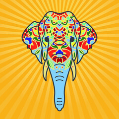 Elephant head with a floral ornament. Colorful vector illustration in flat line style.