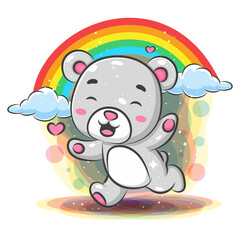 Funny baby bear running with rainbow background