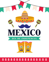Mexico dia de la independencia hat mustache and boots vector design