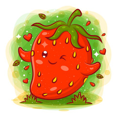 Smiling cute kawaii cartoon of strawberry character