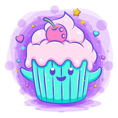 Smiling cute kawaii cartoon of cupcake character