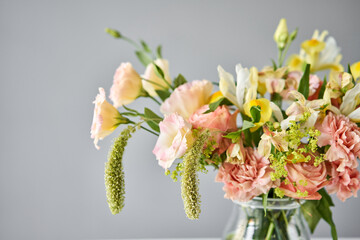 Bouquet 005, step by step installation of flowers in a vase. Flowers bunch, set for home. Fresh cut flowers for decoration home. European floral shop. Delivery fresh cut flower.