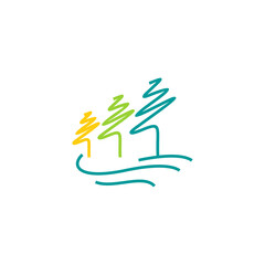 line art logo of three trees near the stream