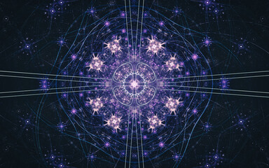 fantastic abstract symmetrical flower with petals consisting of a variety of geometric shapes of different colors on a black background