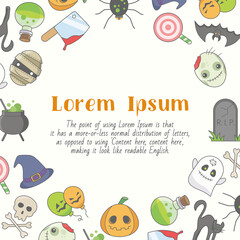 Halloween holiday - card with text and vector color illustrations of pumpkin, ghost, bat, spider, skull, cat and others for graphic design