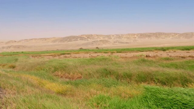 Wundersch&ouml;ne Landschaft nahe L&uuml;deritz in Namibia.
Zusehen sind verschiedene H&uuml;gellandschaften teilweise auch W&uuml;stenlandschaften mit Bergen und  der Strand des Meeres mit wehendem Sand bei Sonne.