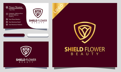 Minimalist elegant shield flower rose beauty with line art style logo design inspiraton, business card template editable
