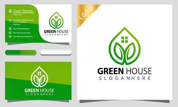 Minimalist elegant drops green house leaf with line art style logo design inspiraton, business card template editable