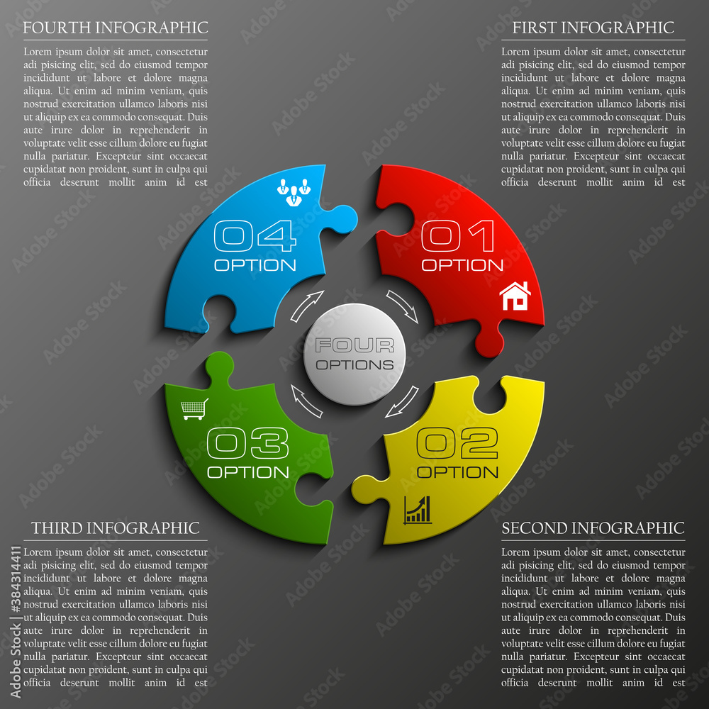 Fototapete four sided 3d puzzle presentation infographic template with explanatory text field for business stat