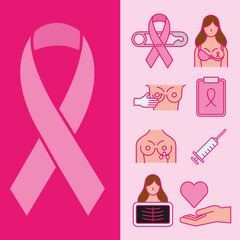 breast cancer line and fill style set of icons vector design