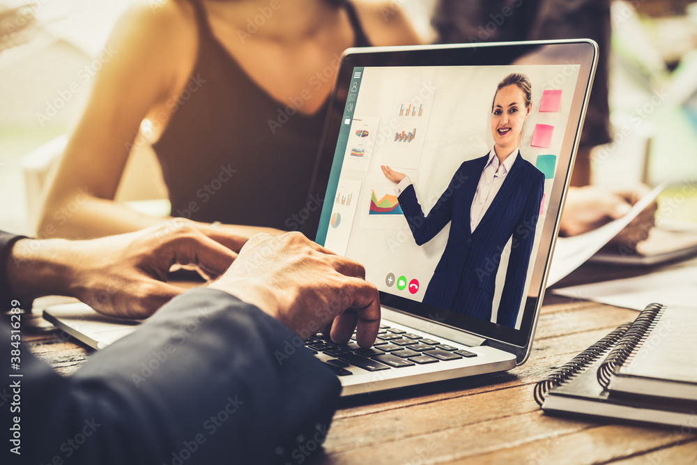 Poster e-learning and online business presentation meeting concept. digital training course for people to d
