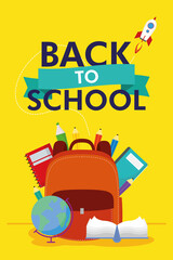 back to school season poster with lettering and schoolbag