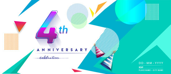 4th years anniversary logo, vector design birthday celebration with colorful geometric background and circles shape.