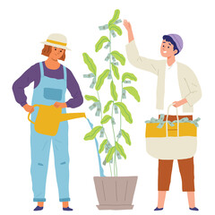 Business investment concept with couple sow profit revenue and income from money tree plant in garden as metaphor for investors concept in cartoon flat style illustration