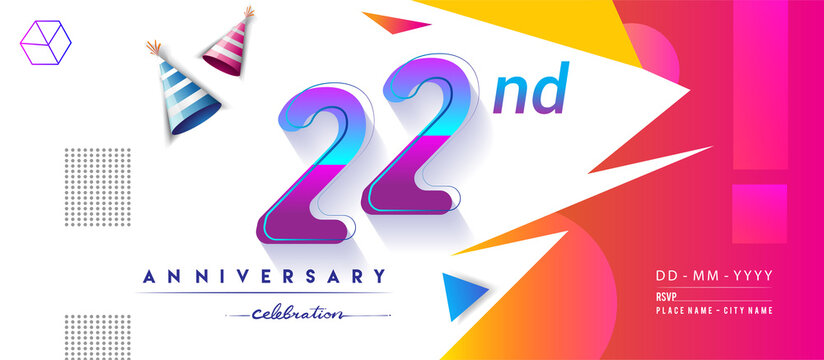 22nd years anniversary logo, vector design birthday celebration with colorful geometric background and circles shape.