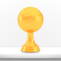 Winner basketball cup award, golden trophy logo isolated on white shelf table background