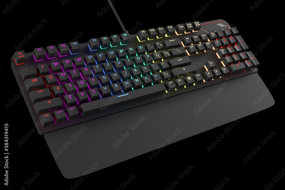 Poster black computer keyboard with rgb color isolated on black with clipping path.