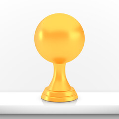 Winner sphere cup award, golden trophy logo isolated on white shelf table background