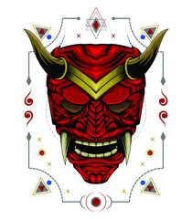 Demon mask illustration with sacred symbol. Japanese design template.