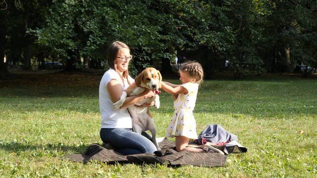 Mother and daughter child play with pet dog on a rug in green city park