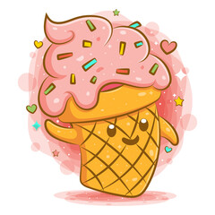 Cute ice cream kawaii cartoon character