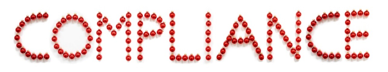Red Christmas Ball Ornament Building English Word Compliance. Festive Christmas Decoration. White Isolated Background