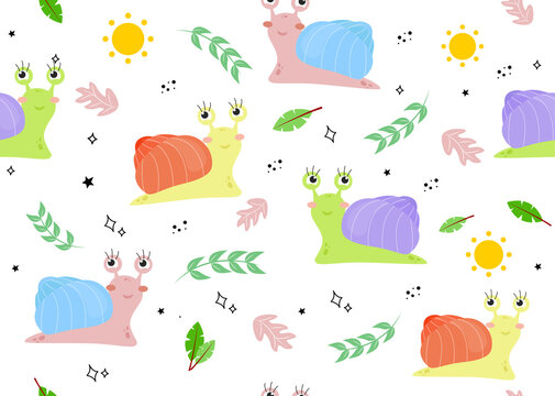 Seamless pattern with a snail. Vector illustration with snail, fern leaf, sun, star, doodle