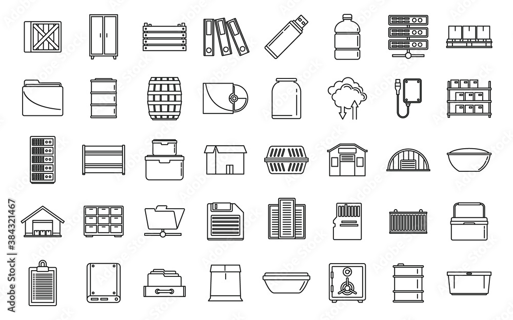 Poster storage box icons set. outline set of storage box vector icons for web design isolated on white back