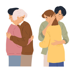 Husband and wife hug when sad depression stress time to show love concept in cartoon flat style illustration isolated 