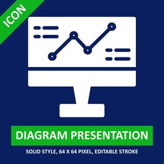 pc presentation line diagram icon solid style on color background. chart and diagram vector illustration. base 64 x 64 pixels. expanded.