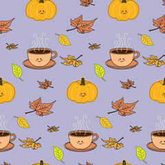 Vector seamless pattern with cute pumpkins, hot coffee cup and autumn leaves falling down