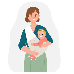 Mother Holding Baby Daughther using Baby Carrier Happy Mother Day Illustration in Flat Cartoon Vector Illustration Style