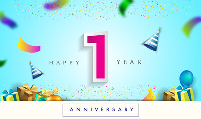 1st Year Anniversary Celebration Design, with gift box and balloons, ribbon, Colorful Vector template elements for your birthday celebrating party.